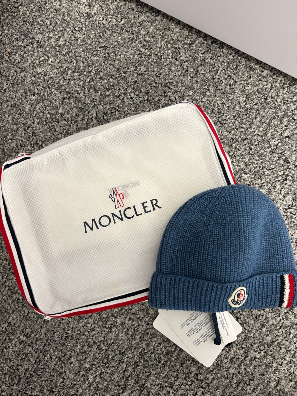 Moncler baby Slate Blue Ribbed Cuffed Beanie with Tricolor Detail